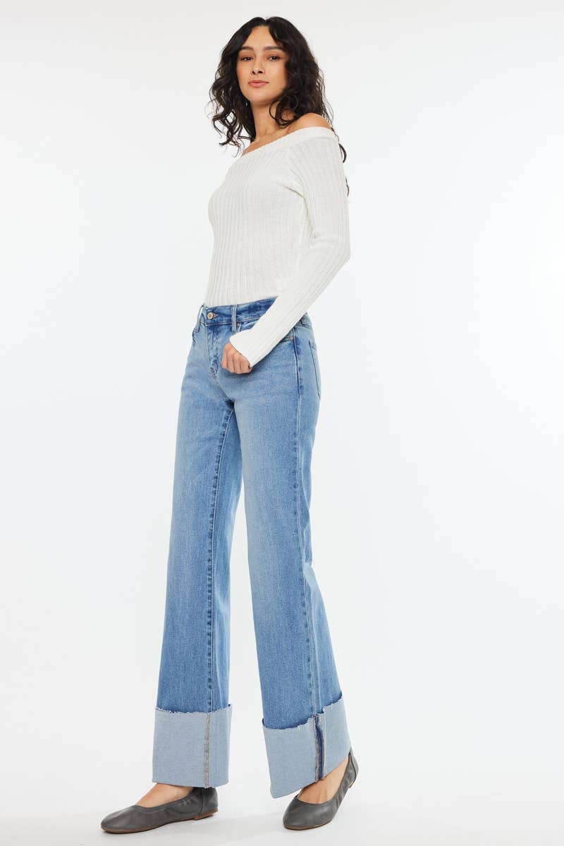 Kan Can Mid Rise Wide Flare Cuff Western Jeans — Medium Wash Stretch Denim, 5 Pocket, Cuffed Raw Hem