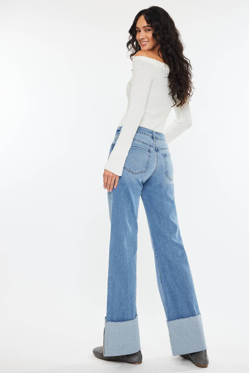 Kan Can Mid Rise Wide Flare Cuff Western Jeans — Medium Wash Stretch Denim, 5 Pocket, Cuffed Raw Hem