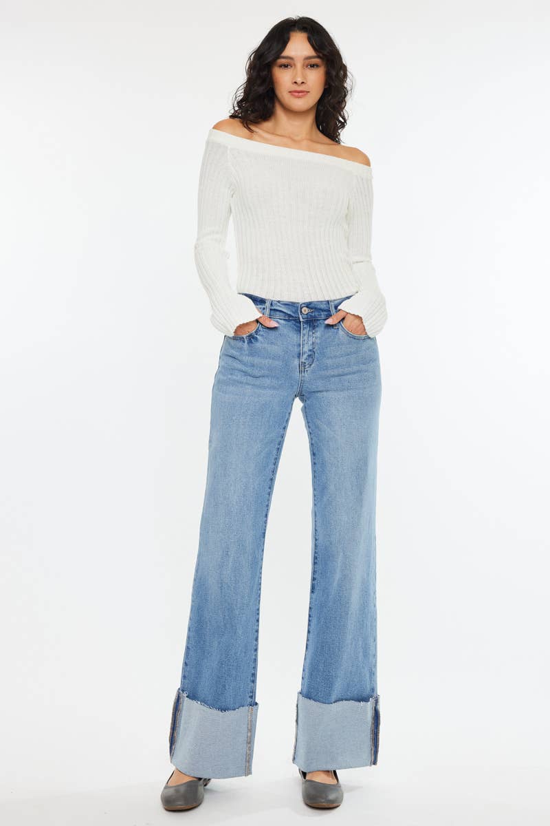 Kan Can Mid Rise Wide Flare Cuff Western Jeans — Medium Wash Stretch Denim, 5 Pocket, Cuffed Raw Hem