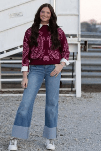 Kan Can Mid Rise Wide Flare Cuff Western Jeans — Medium Wash Stretch Denim, 5 Pocket, Cuffed Raw Hem