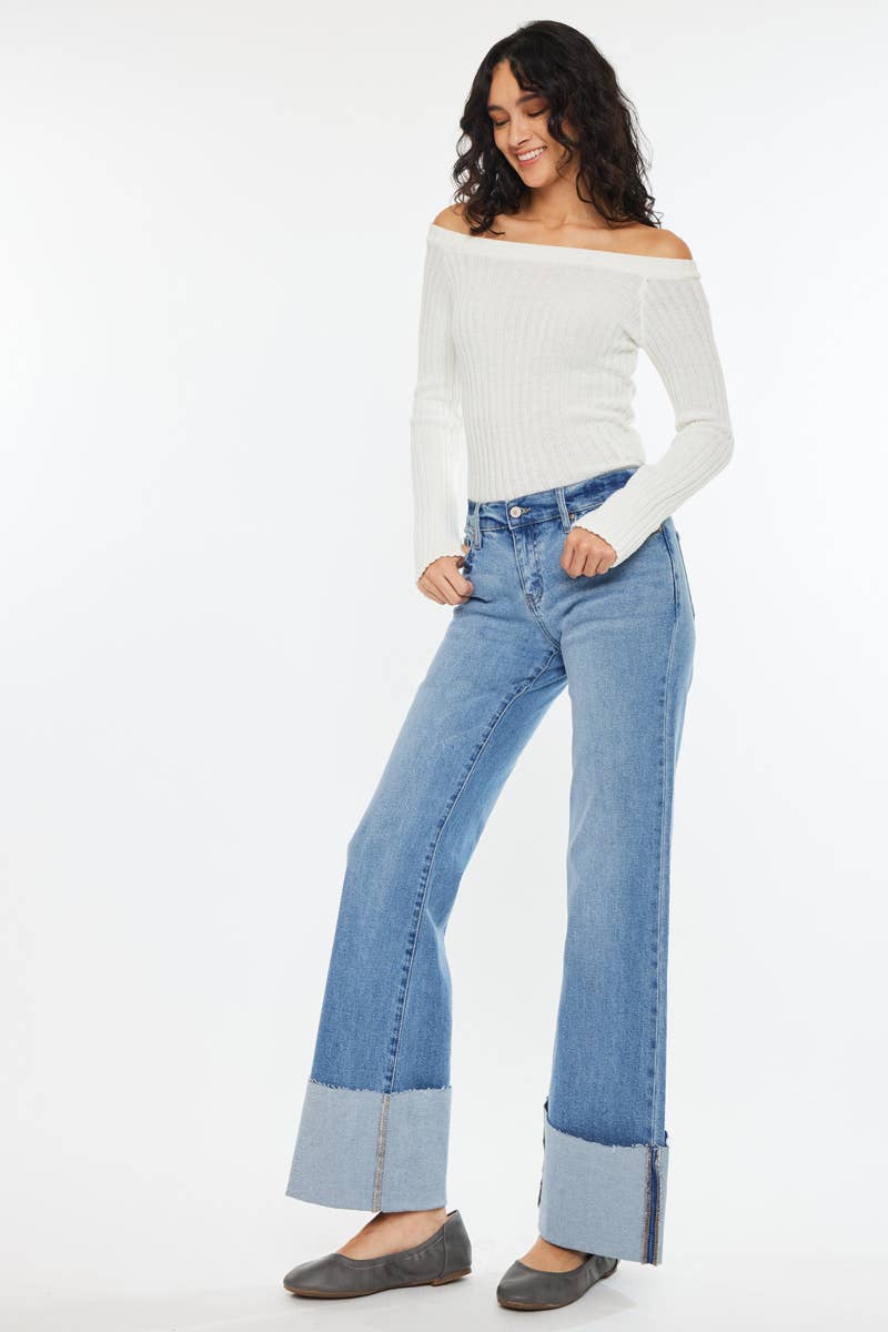 Kan Can Mid Rise Wide Flare Cuff Western Jeans — Medium Wash Stretch Denim, 5 Pocket, Cuffed Raw Hem