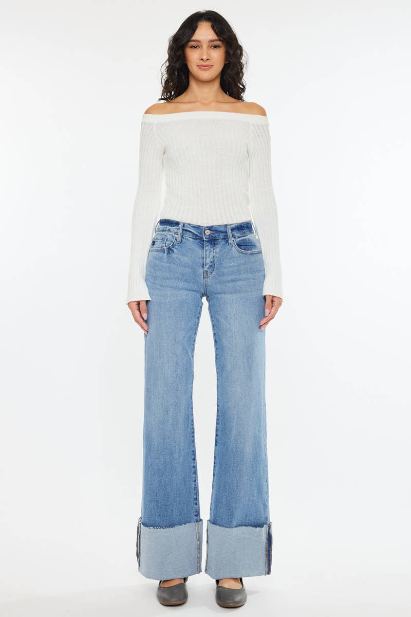 Kan Can Mid Rise Wide Flare Cuff Western Jeans — Medium Wash Stretch Denim, 5 Pocket, Cuffed Raw Hem