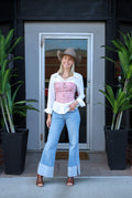 Kan Can Mid Rise Wide Flare Cuff Western Jeans — Medium Wash Stretch Denim, 5 Pocket, Cuffed Raw Hem