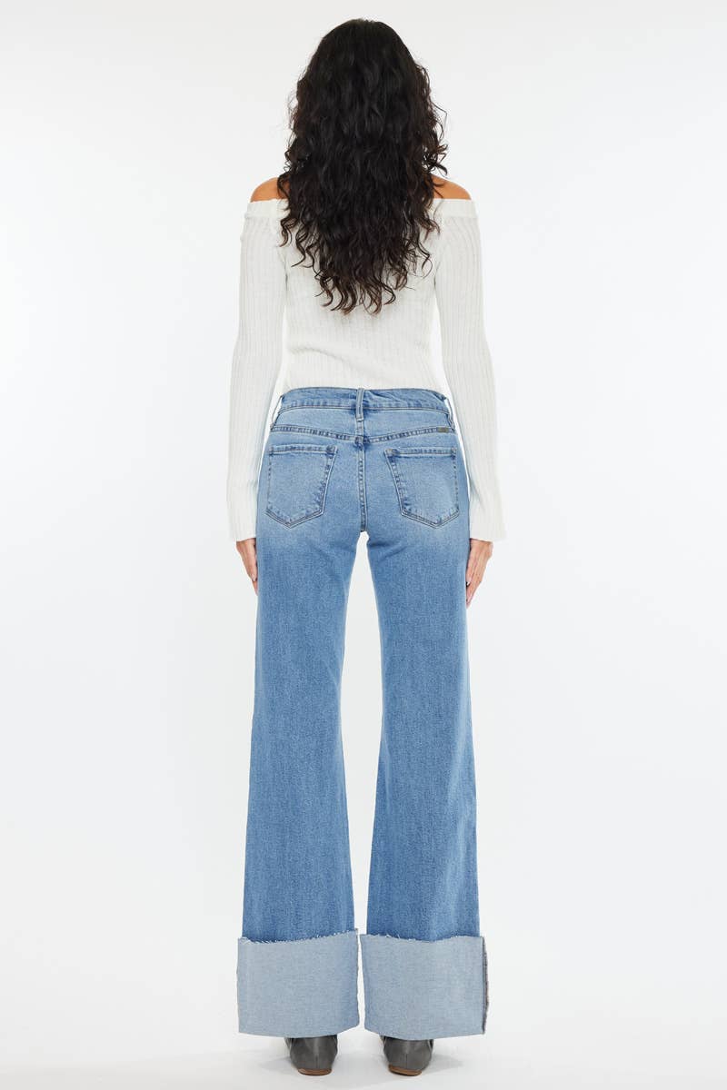 Kan Can Mid Rise Wide Flare Cuff Western Jeans — Medium Wash Stretch Denim, 5 Pocket, Cuffed Raw Hem