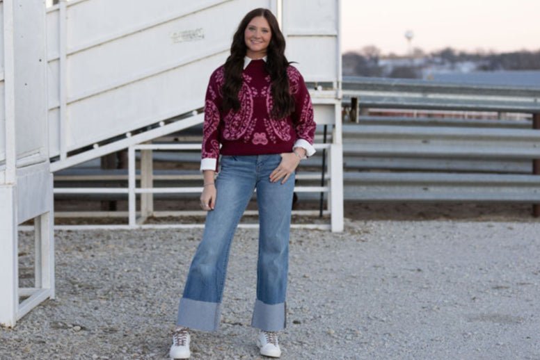 Kan Can Mid Rise Wide Flare Cuff Western Jeans — Medium Wash Stretch Denim, 5 Pocket, Cuffed Raw Hem
