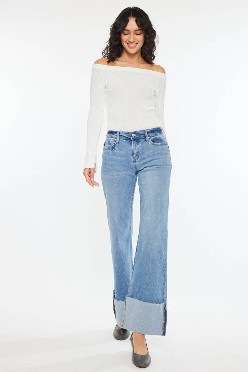 Kan Can Mid Rise Wide Flare Cuff Western Jeans — Medium Wash Stretch Denim, 5 Pocket, Cuffed Raw Hem