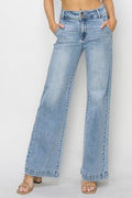 Risen Double Button Wide-Leg Western Jeans — High-Rise Trouser Style with Slash Front and Back Pockets